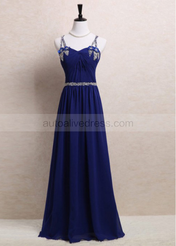 Beaded Double Straps Royal Blue Chiffon Long Evening Dress